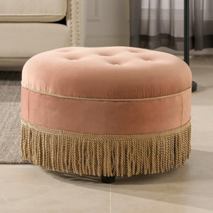 Rosdorf Park Upholstered Round Accent Ottoman, Peach Orange Velvet With ...